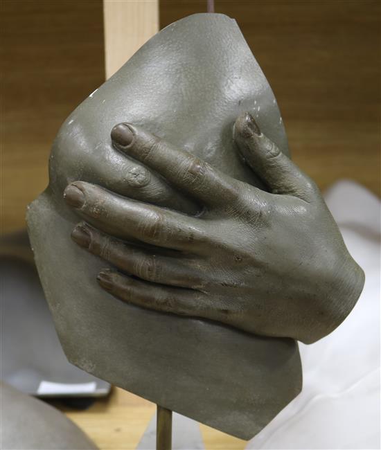 John Cotter. A bronzed resin, Lips and breast (modelled on Britt Ekland), marble plinth, overall 23in.
